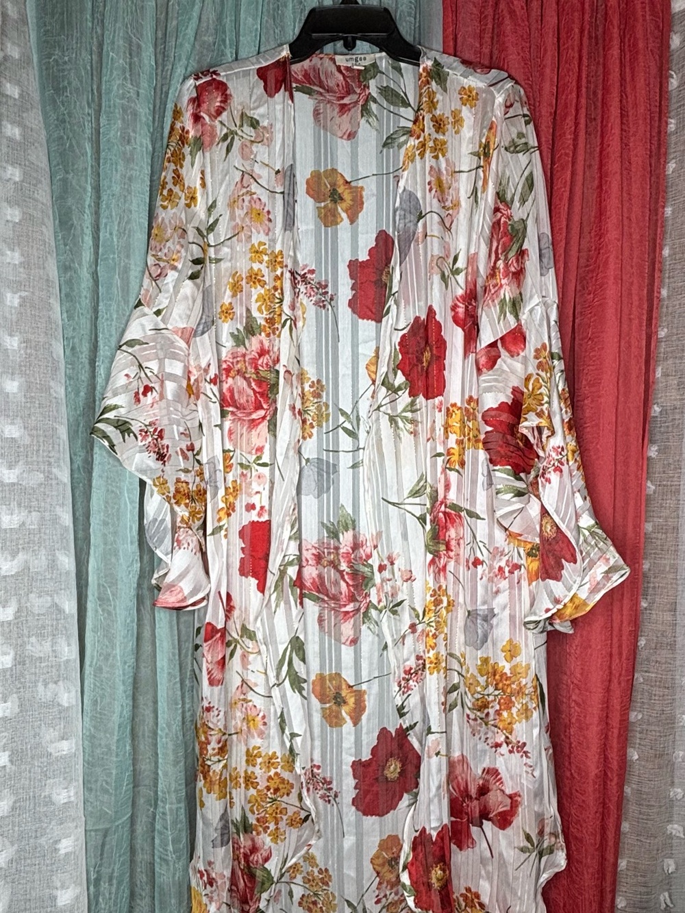 Umgee Sheer Floral Kimono in Red, Green & White